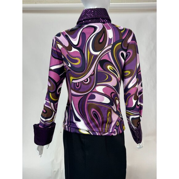 Psychedelic Patterned Jacket With Sequin Collar & Cuffs Sz Lg Zip Front Polyeste - Picture 9 of 16